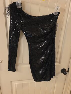 Windsor Black Sequin One-Shoulder Dress with Feather Accent